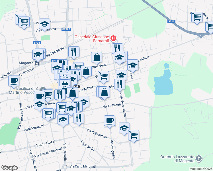 map of restaurants, bars, coffee shops, grocery stores, and more near 41 Via Trieste in Magenta