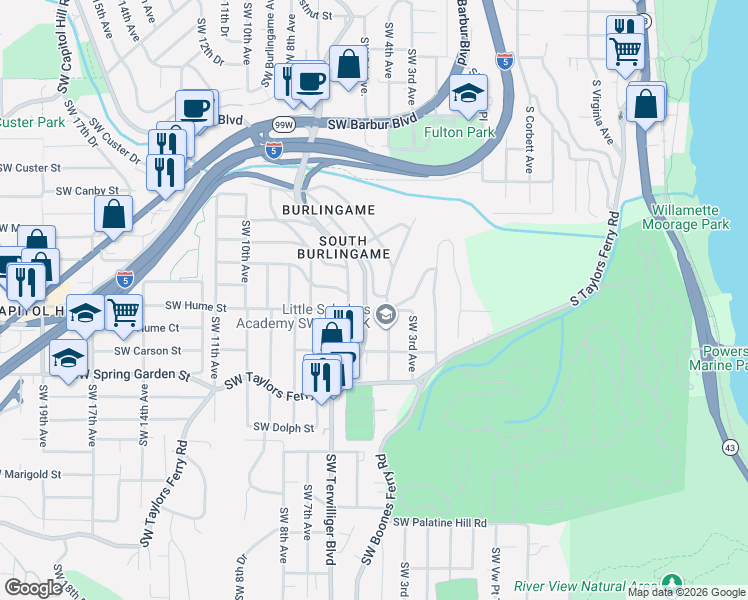 map of restaurants, bars, coffee shops, grocery stores, and more near 8112 Southwest 5th Avenue in Portland