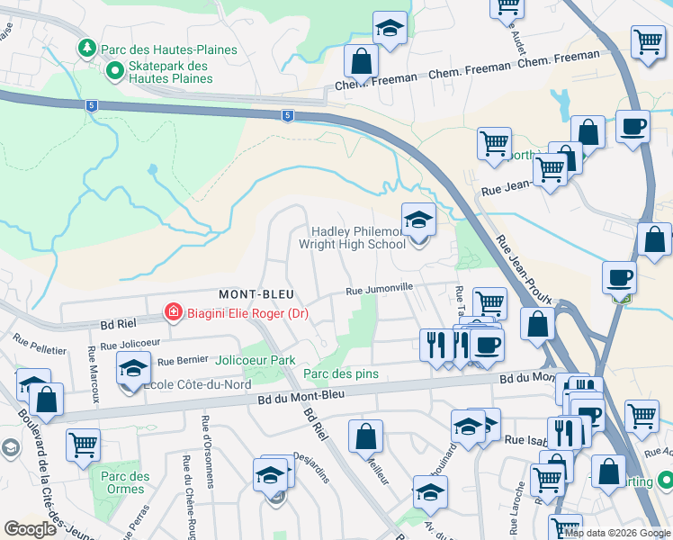 map of restaurants, bars, coffee shops, grocery stores, and more near 13 Rue de Deauville in Gatineau