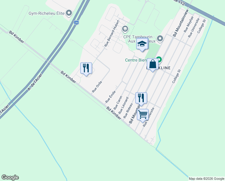map of restaurants, bars, coffee shops, grocery stores, and more near 3850 Rue Émile in Longueuil
