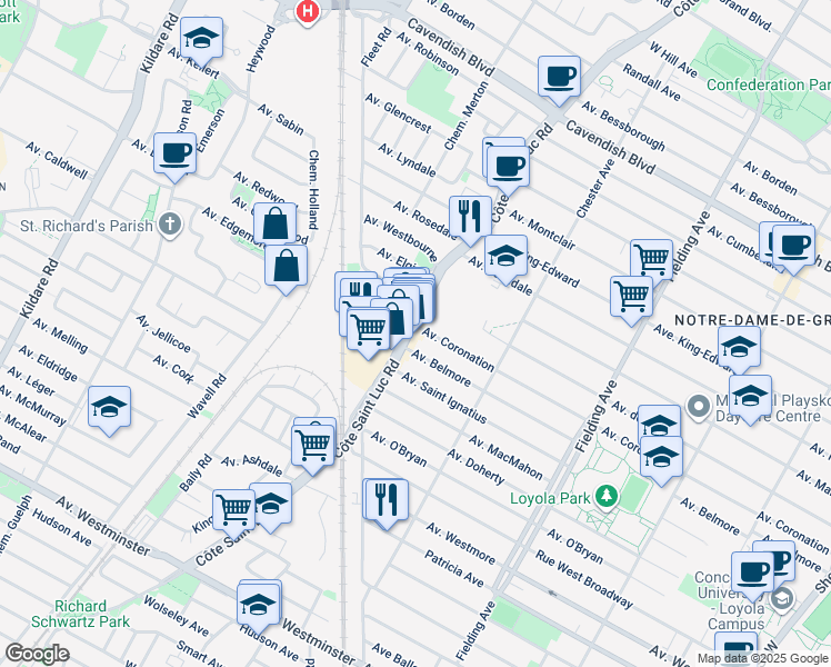 map of restaurants, bars, coffee shops, grocery stores, and more near 7010 Chemin de la Côte-Saint-Luc in Montréal