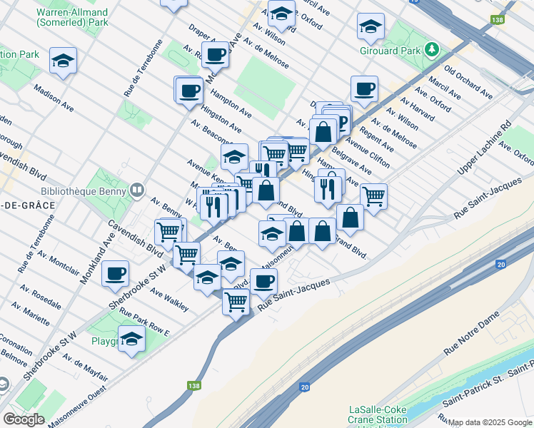 map of restaurants, bars, coffee shops, grocery stores, and more near 2385 Avenue Madison in Montréal