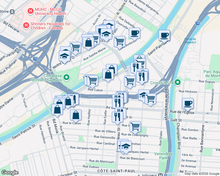 map of restaurants, bars, coffee shops, grocery stores, and more near 5100 Rue Eadie in Montréal