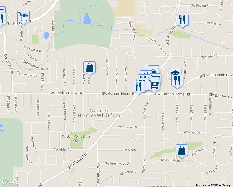 map of restaurants, bars, coffee shops, grocery stores, and more near 7700 Southwest Garden Home Road in Portland
