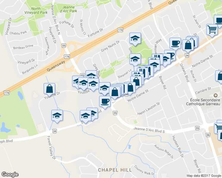 map of restaurants, bars, coffee shops, grocery stores, and more near 1352 Bakker Court in Ottawa