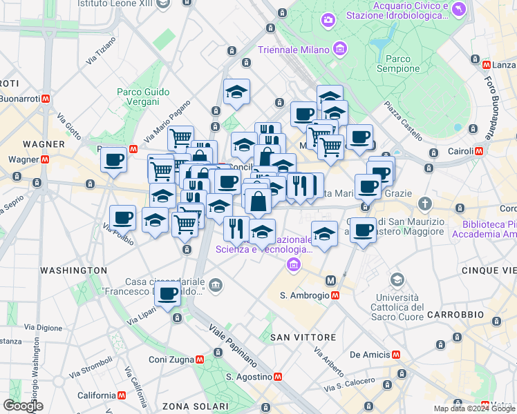 map of restaurants, bars, coffee shops, grocery stores, and more near 82 Corso Magenta in Milano