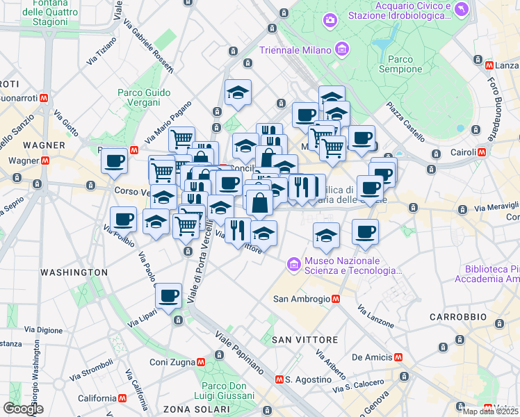 map of restaurants, bars, coffee shops, grocery stores, and more near 82 Corso Magenta in Milano