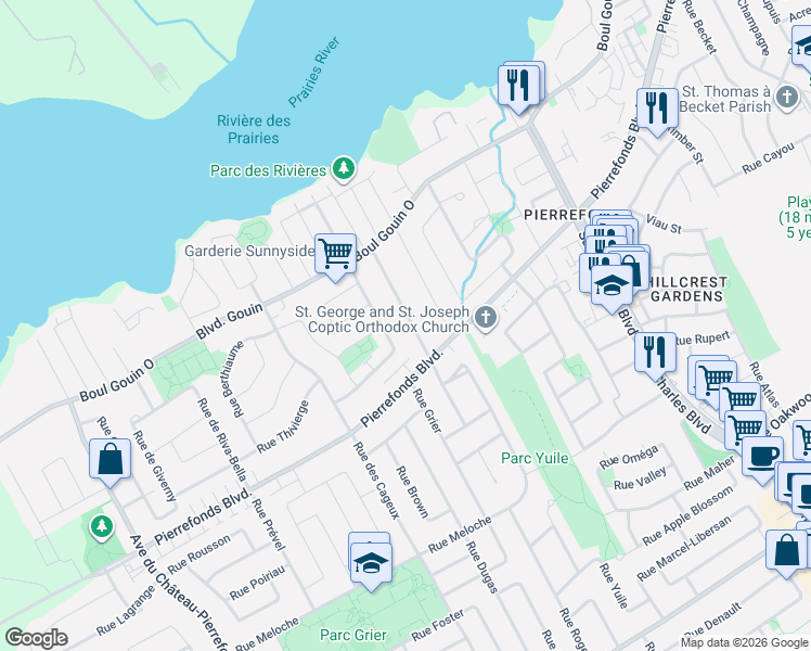 map of restaurants, bars, coffee shops, grocery stores, and more near 4880 Rue de Nanterre in Montréal