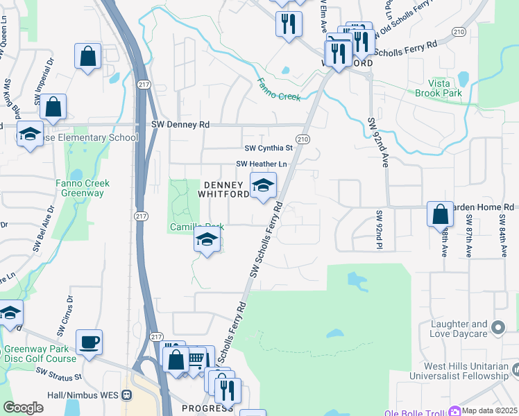 map of restaurants, bars, coffee shops, grocery stores, and more near 7485 Southwest Scholls Ferry Road in Beaverton