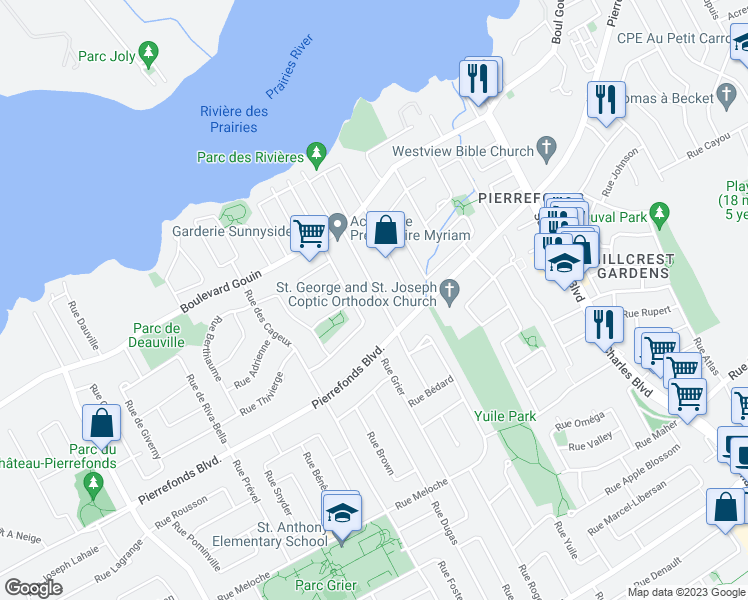 map of restaurants, bars, coffee shops, grocery stores, and more near 4880 Rue de Nanterre in Montréal