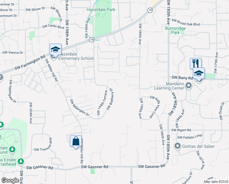 map of restaurants, bars, coffee shops, grocery stores, and more near 7550 Southwest Bayberry Drive in Beaverton