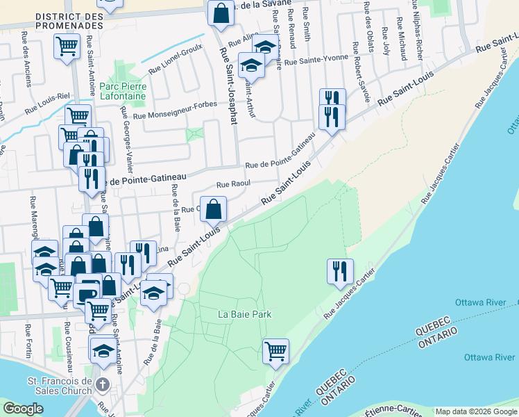 map of restaurants, bars, coffee shops, grocery stores, and more near 948 Rue Saint-Louis in Gatineau
