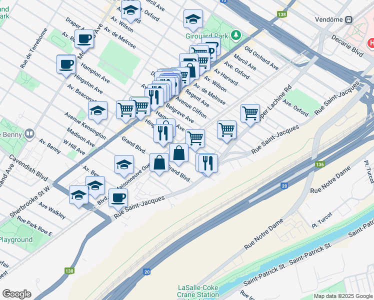 map of restaurants, bars, coffee shops, grocery stores, and more near 2150 Avenue Hingston in Montréal