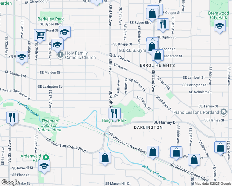 map of restaurants, bars, coffee shops, grocery stores, and more near 7866 Southeast 46th Avenue in Portland