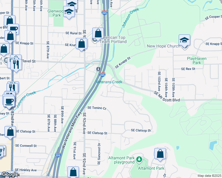 map of restaurants, bars, coffee shops, grocery stores, and more near 7732 Southeast Aspen Summit Drive in Portland