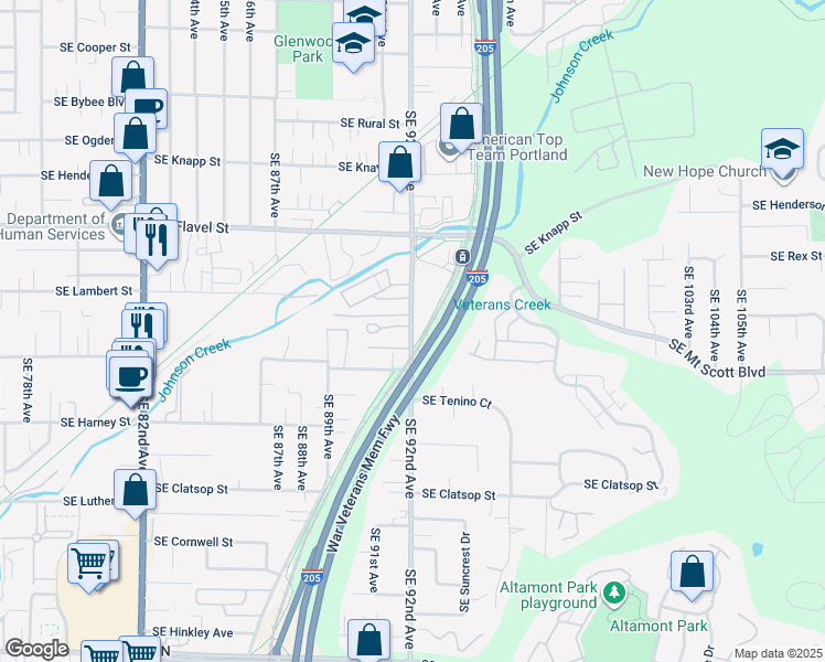 map of restaurants, bars, coffee shops, grocery stores, and more near 7955 Southeast 92nd Avenue in Portland