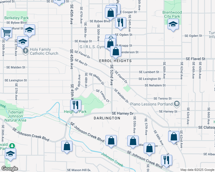 map of restaurants, bars, coffee shops, grocery stores, and more near 7818 Southeast 52nd Avenue in Portland