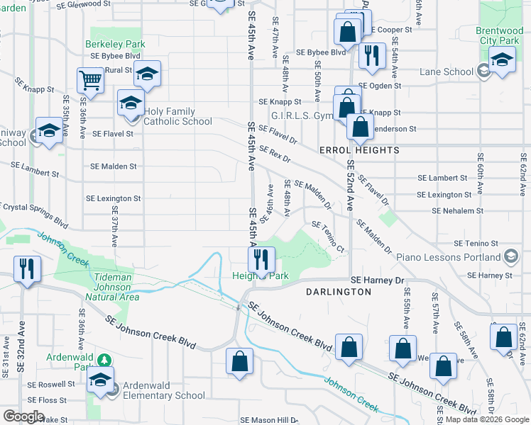 map of restaurants, bars, coffee shops, grocery stores, and more near 7866 Southeast 46th Avenue in Portland
