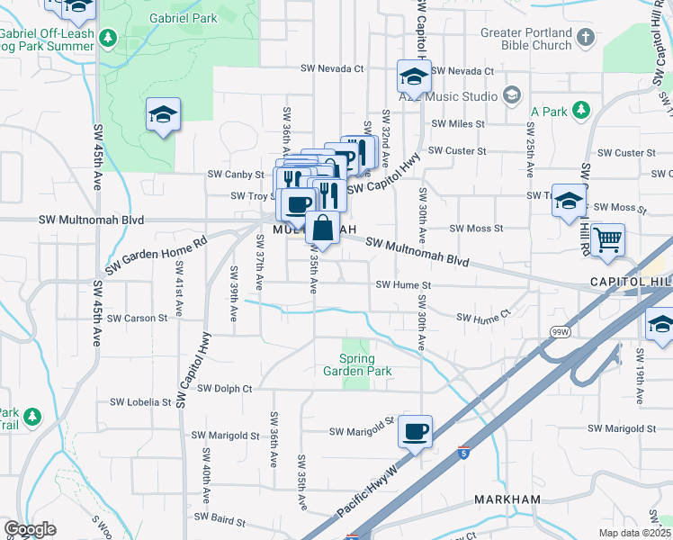 map of restaurants, bars, coffee shops, grocery stores, and more near 8020 Southwest 36th Avenue in Portland