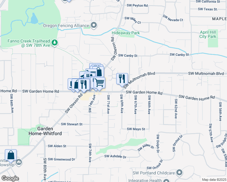 map of restaurants, bars, coffee shops, grocery stores, and more near 7055 Southwest Garden Home Road in Portland
