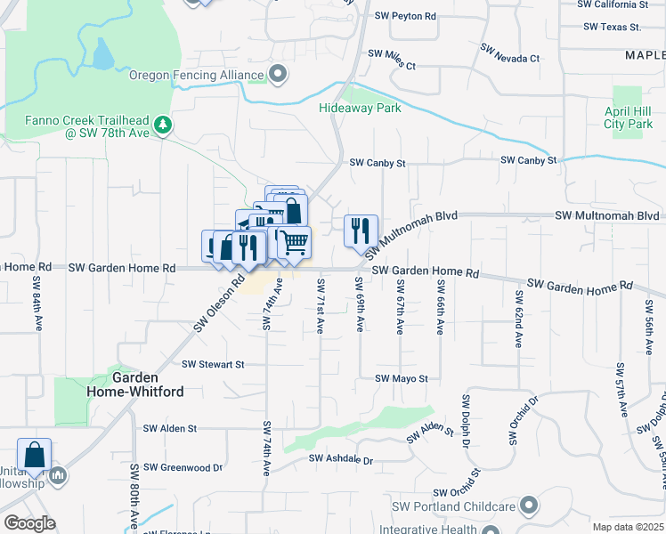 map of restaurants, bars, coffee shops, grocery stores, and more near 7055 Southwest Garden Home Road in Portland