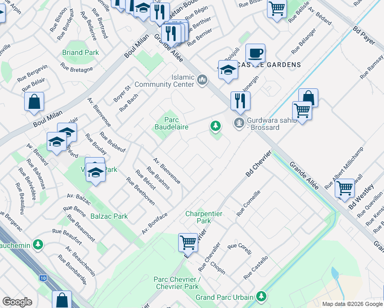 map of restaurants, bars, coffee shops, grocery stores, and more near 5840 Rue Bolivar in Brossard