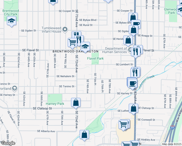 map of restaurants, bars, coffee shops, grocery stores, and more near 7449 Southeast Augusta Court in Portland