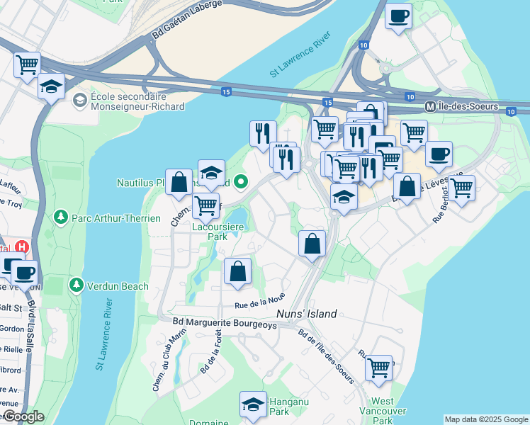 map of restaurants, bars, coffee shops, grocery stores, and more near 910 Rue des Camélias in Montréal