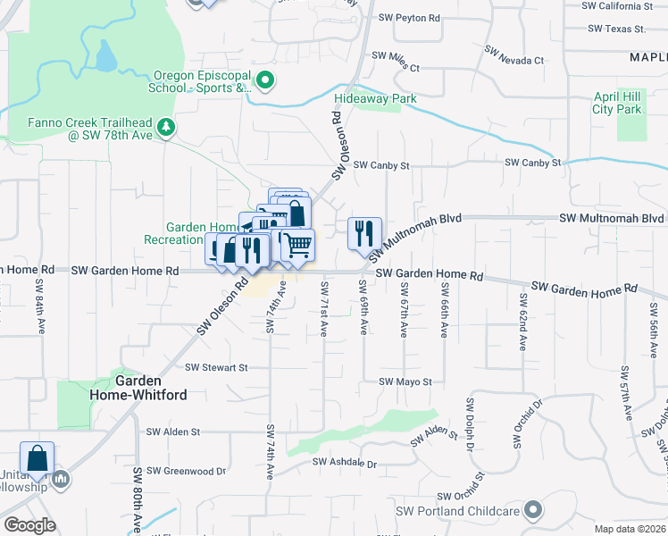 map of restaurants, bars, coffee shops, grocery stores, and more near 7055 Southwest Garden Home Road in Portland