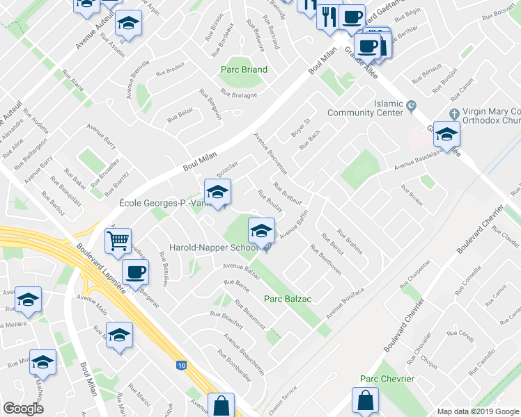 map of restaurants, bars, coffee shops, grocery stores, and more near 3525 Avenue Bréard in Brossard