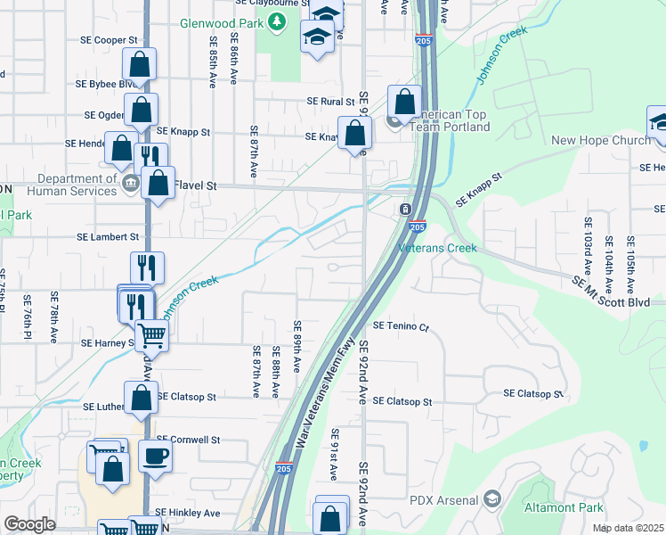 map of restaurants, bars, coffee shops, grocery stores, and more near 7901 Southeast 92nd Avenue in Portland