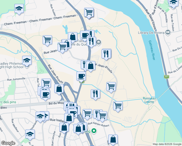 map of restaurants, bars, coffee shops, grocery stores, and more near 920 Boulevard Saint-Joseph in Gatineau