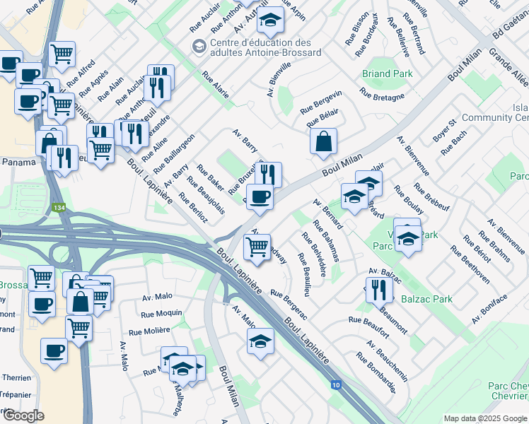 map of restaurants, bars, coffee shops, grocery stores, and more near Boulevard Milan in Brossard