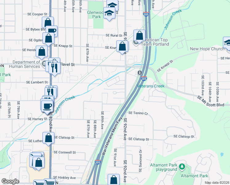 map of restaurants, bars, coffee shops, grocery stores, and more near 7911 Southeast 92nd Avenue in Portland