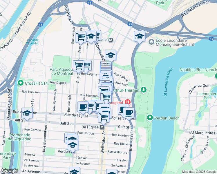 map of restaurants, bars, coffee shops, grocery stores, and more near 3802 Rue Wellington in Montréal