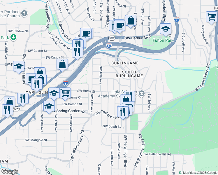map of restaurants, bars, coffee shops, grocery stores, and more near 8015 Southwest 9th Avenue in Portland