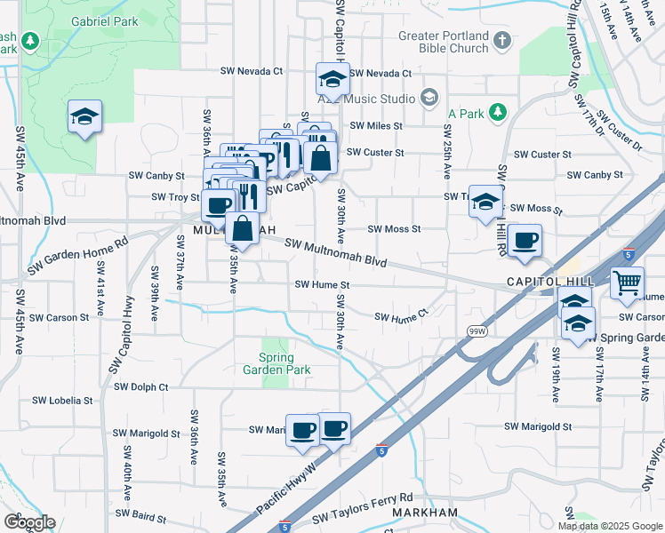map of restaurants, bars, coffee shops, grocery stores, and more near 2929 Southwest Multnomah Boulevard in Portland