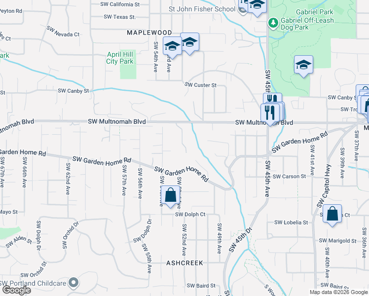 map of restaurants, bars, coffee shops, grocery stores, and more near 5130-5156 Southwest Multnomah Boulevard in Portland
