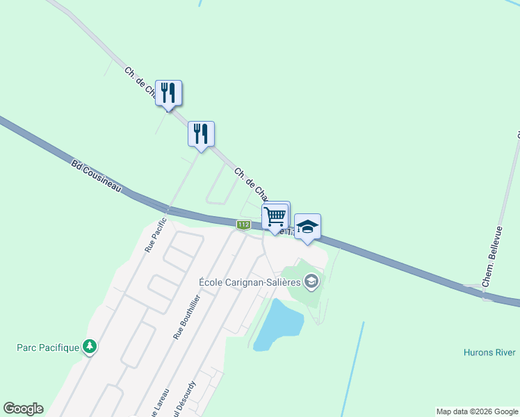 map of restaurants, bars, coffee shops, grocery stores, and more near Rue Lareau in Carignan