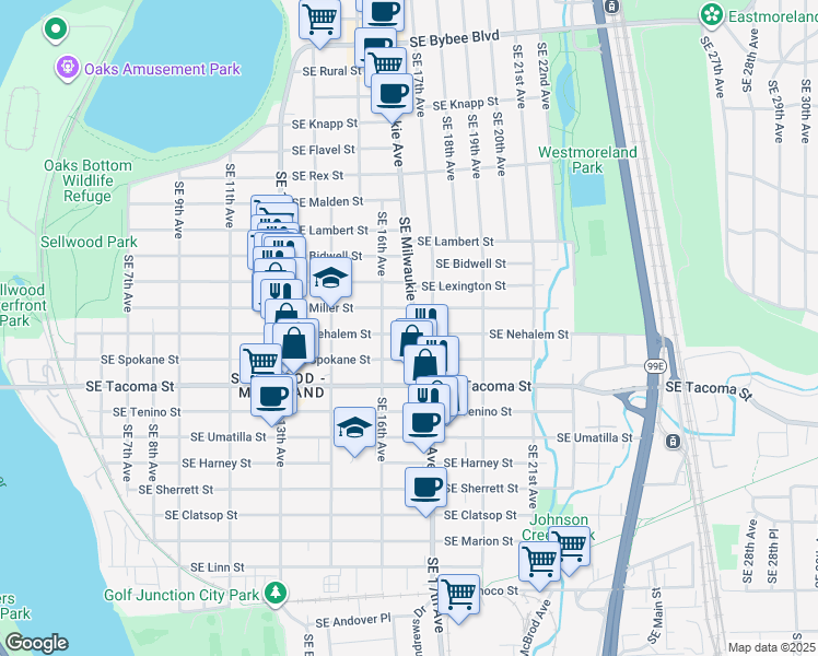 map of restaurants, bars, coffee shops, grocery stores, and more near 1645 Southeast Nehalem Street in Portland