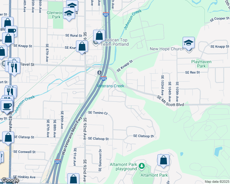 map of restaurants, bars, coffee shops, grocery stores, and more near 7828 Southeast Aspen Summit Drive in Portland