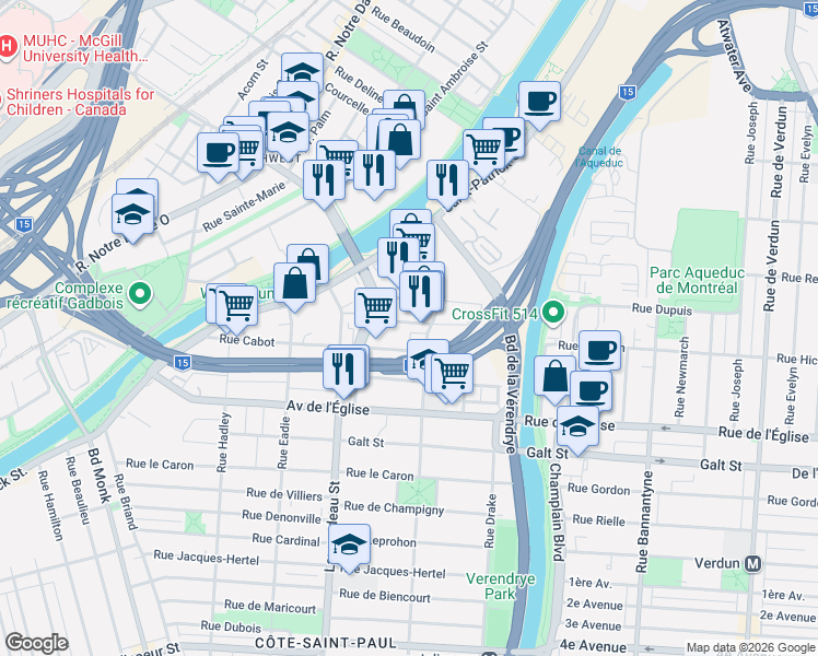 map of restaurants, bars, coffee shops, grocery stores, and more near 1638 Rue Gladstone in Montréal