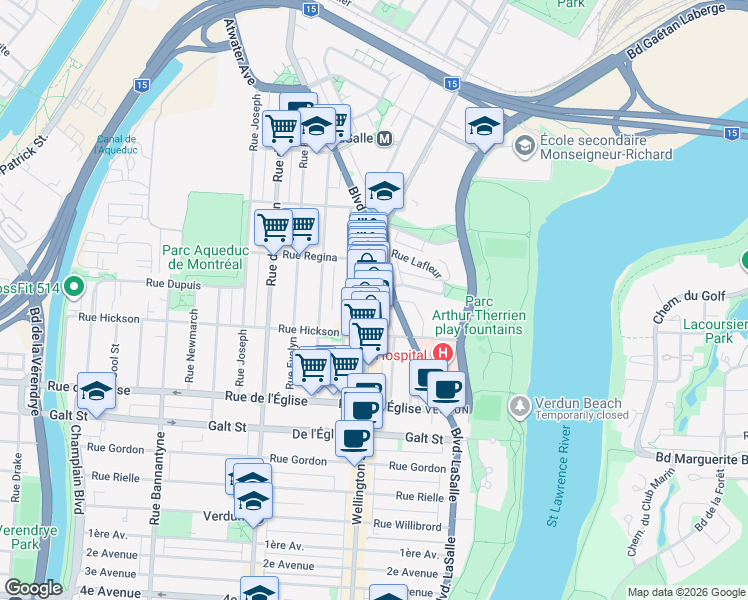 map of restaurants, bars, coffee shops, grocery stores, and more near 3802 Rue Wellington in Montréal
