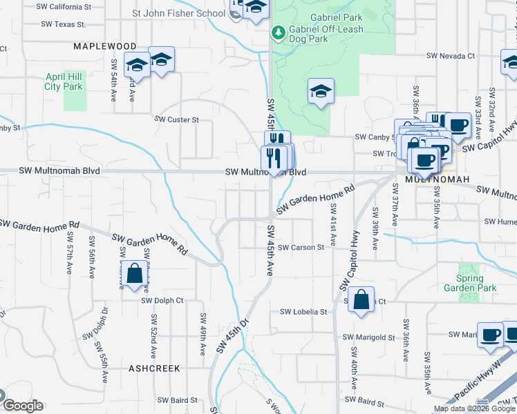 map of restaurants, bars, coffee shops, grocery stores, and more near 8116 Southwest 46th Avenue in Portland