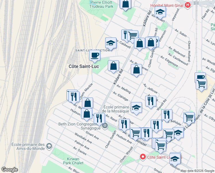 map of restaurants, bars, coffee shops, grocery stores, and more near 5763 Avenue Eldridge in Montréal