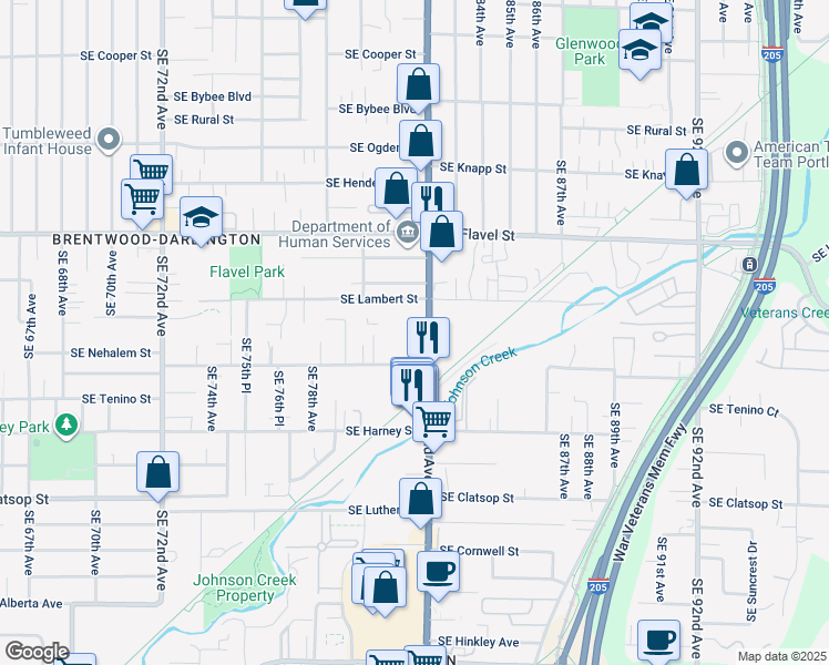 map of restaurants, bars, coffee shops, grocery stores, and more near 7941 Southeast 82nd Avenue in Portland