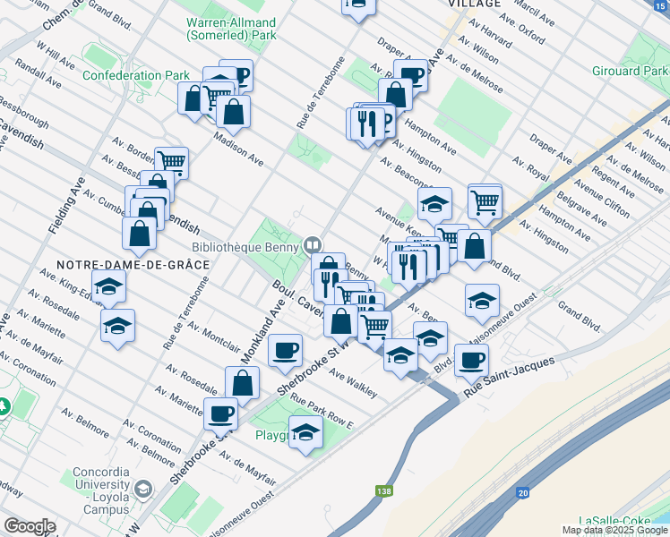 map of restaurants, bars, coffee shops, grocery stores, and more near 4100 Avenue Benny in Montréal