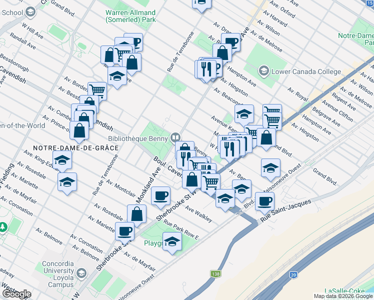 map of restaurants, bars, coffee shops, grocery stores, and more near 4100 Avenue Benny in Montréal