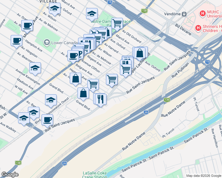 map of restaurants, bars, coffee shops, grocery stores, and more near 6003 Upper Lachine Road in Montreal