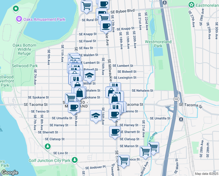 map of restaurants, bars, coffee shops, grocery stores, and more near 7936 Southeast Milwaukie Avenue in Portland